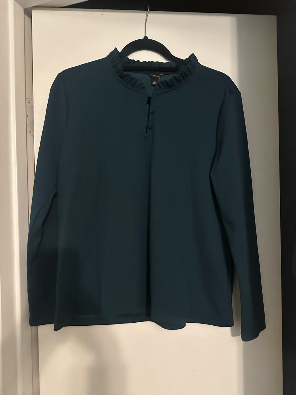 Ann Taylor Teal Long-Sleeve Ruffle Neck Tee